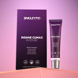 Evolveds INSANE CLIMAX - INTENSE clitoral stimulation gel is displayed in a purple package and tube on a pink backdrop. The box features the product name in white, and the matching tube highlights its branding and details.