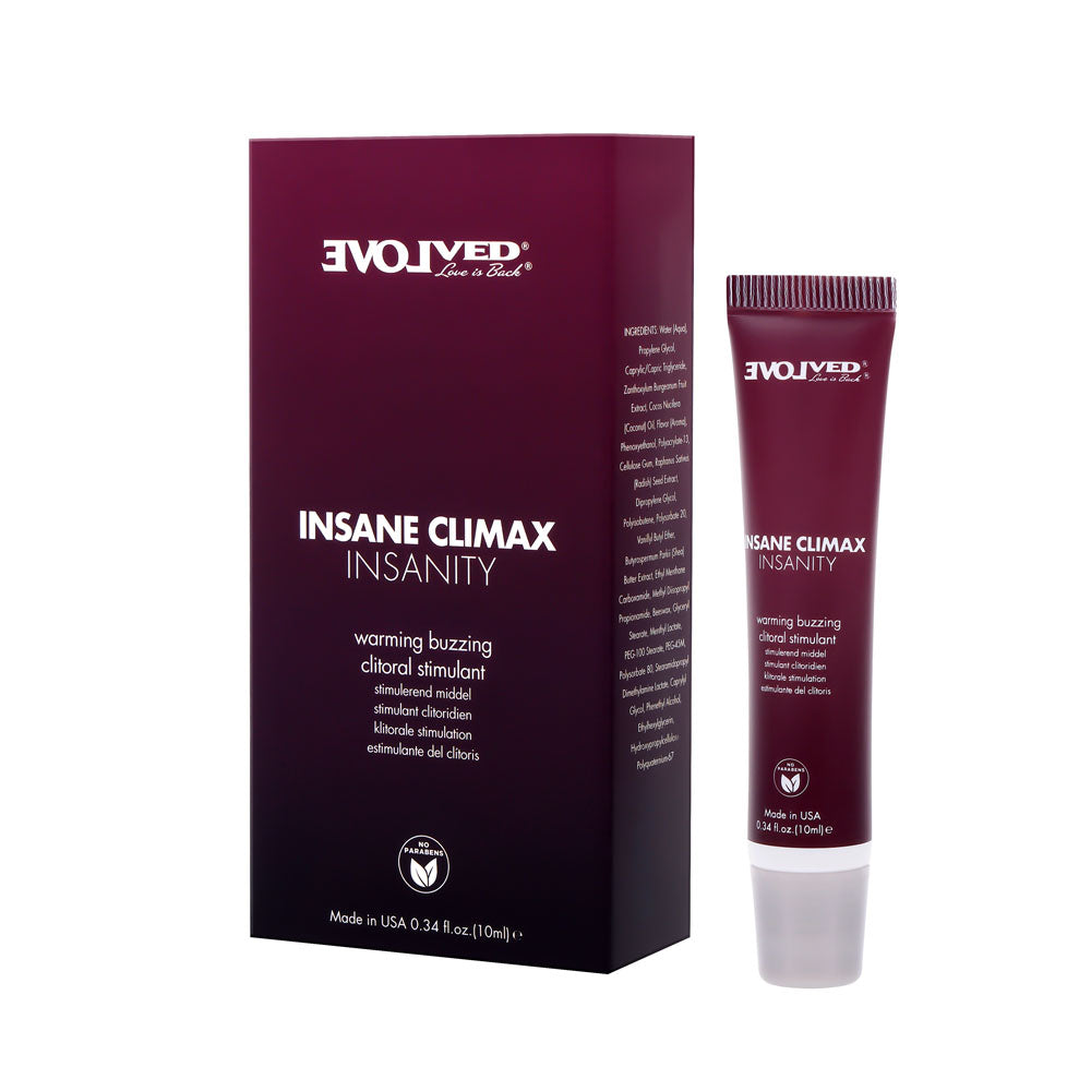 Evolveds INSANE CLIMAX - INSANITY features maroon packaging that stands upright with white text detailing the warming buzzing clitoral stimulation gel. A modern-designed tube in front enhances its sleek, contemporary appearance, promising a warming sensation and tingle.