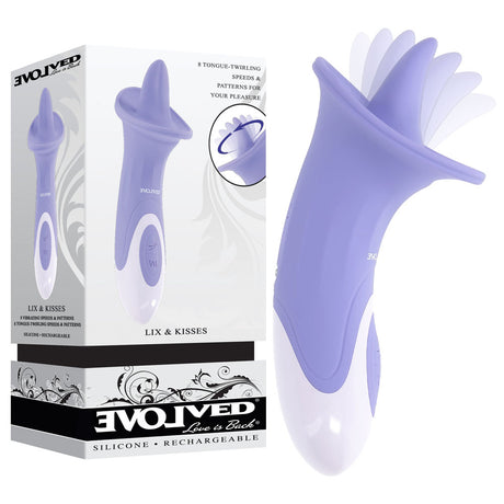 A purple and white silicone personal massager, the Evolved LIX & KISSES, boasts a flower-like top for stimulation with variable speeds. Its waterproof and USB rechargeable. The box features the brand name Evolved and product name Lix & Kisses.