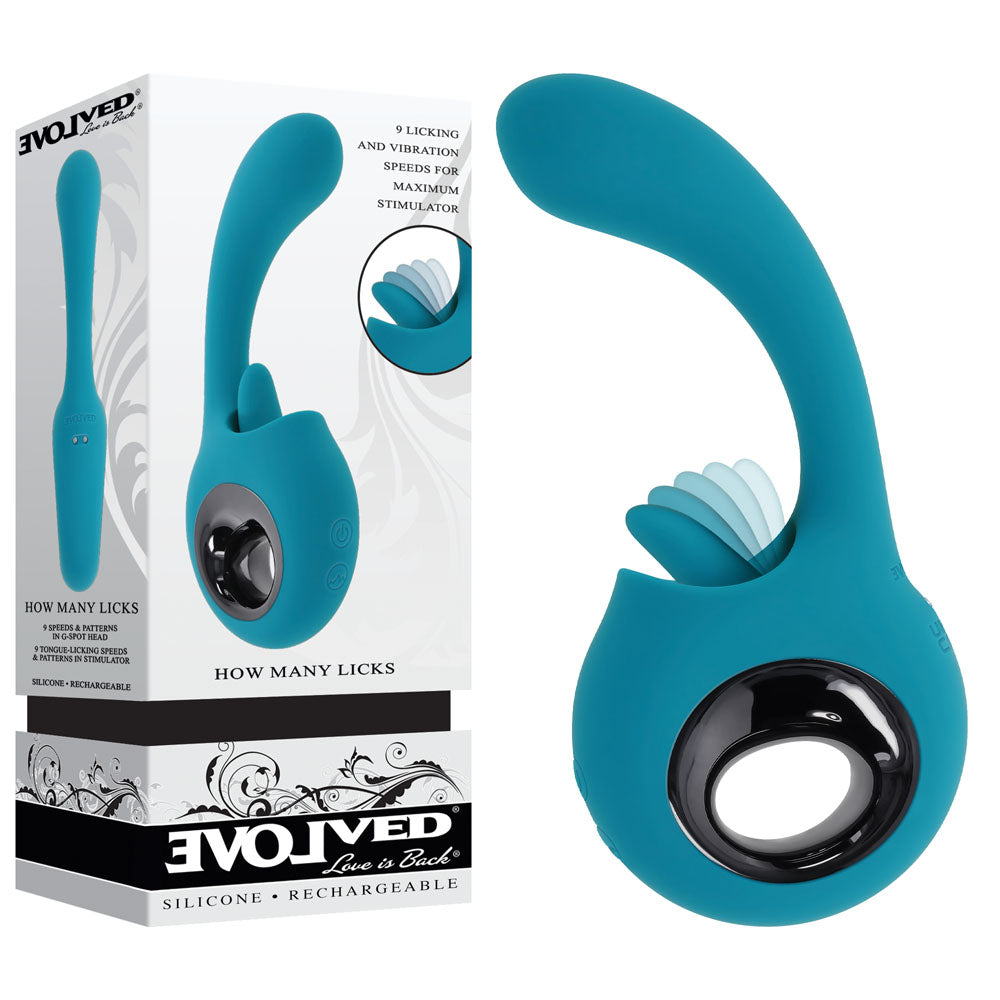 Indulge in ultimate pleasure with the Evolved HOW MANY LICKS, a blue 17.8 cm silicone vibrator. Its sleek packaging highlights its flicking stimulator, curved design, button controls, and textured features. Enjoy nine vibration speeds with this USB rechargeable device for unparalleled satisfaction.