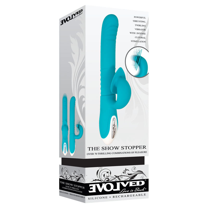 Buy Evolved The Show Stopper - Teal 23.5 cm USB Rechargeable Thrusting Rabbit Vibrator at NZ’s Mega Adult Toys Store. Discover premium sex toys with discreet shipping at the best price in NZ