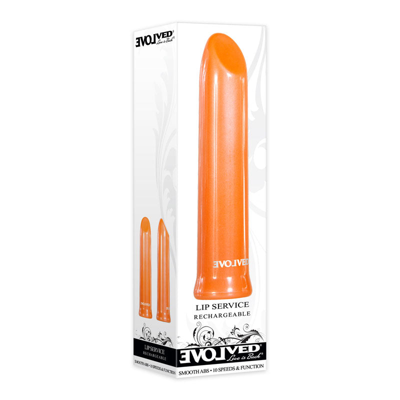 The image features the packaging for Evolved Lip Service - Orange 10 cm USB Rechargeable Lipstick Vibrator. It shows an orange, glossy cylindrical object resembling a lipstick bullet. Branding and the product name appear in black text on a white background.