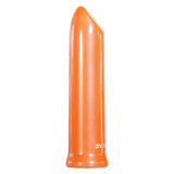 An Evolved Lip Service Orange 10 cm USB Rechargeable Lipstick Vibrator, glossy and cylindrical with a rounded tip, has a lipstick-bullet shape. The base, slightly wider, features LOVE in small white text on a plain white background.