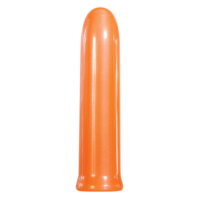 The Evolved Lip Service - Orange 10 cm USB Rechargeable Lipstick Vibrator is tall, cylindrical, and resembles a large crayon with a smooth, shiny surface. Its design tapers slightly at the bottom with a rounded top. Its waterproof and submersible for versatile use.