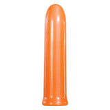 The Evolved Lip Service - Orange 10 cm USB Rechargeable Lipstick Vibrator is tall, cylindrical, and resembles a large crayon with a smooth, shiny surface. Its design tapers slightly at the bottom with a rounded top. Its waterproof and submersible for versatile use.