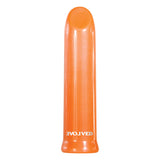 A smooth, shiny orange cylindrical vibrator shaped like a lipstick with EVOLVED in white on the wider base. This waterproof 10 cm USB rechargeable device, known as the Evolved Lip Service, reflects light and suggests powerful vibration speeds.