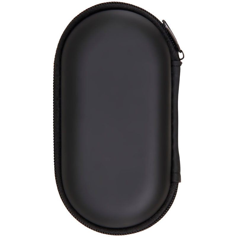 The Evolved Travel-Gasm comes with a black oval-shaped hard case, perfect for discreetly storing your portable toy. Featuring a minimalistic design and sturdy zipper, its ideal for safeguarding small electronic devices or accessories.