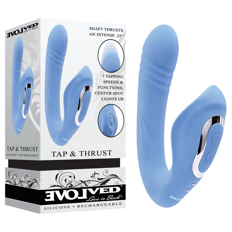 The packaging for the Evolved TAP & THRUST - Blue USB Rechargeable Dual Vibrator displays a thrusting shaft with 0.25 movement, seven tapping speeds, control buttons, curved design, and metallic accent, enhancing its appeal.