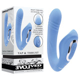 The packaging for the Evolved TAP & THRUST - Blue USB Rechargeable Dual Vibrator displays a thrusting shaft with 0.25 movement, seven tapping speeds, control buttons, curved design, and metallic accent, enhancing its appeal.