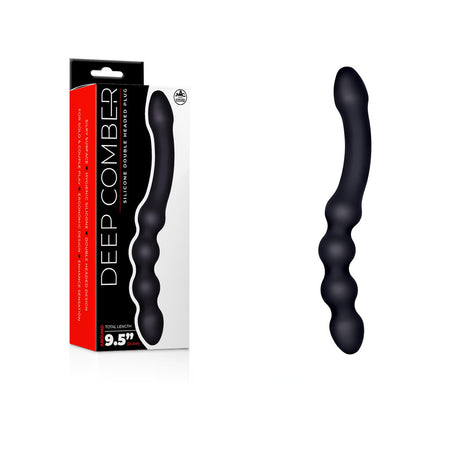 The Deep Comber - Black 24 cm Silicone Beaded Double Dildo features a black, wavy design in smooth silicone. Packaged in black and red with white text, it’s ideal for couple play. The ergonomic shape ensures comfort, boasting a total length of 9.5 inches as shown on the box image.