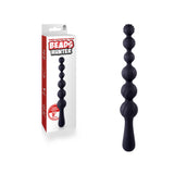 The Beads Hunter - Black features a 22.9 cm silicone anal bead toy with various noduled textured beads for enhanced sensation. The toy is next to its white and red packaging, labeled Beads Hunter in bold letters.