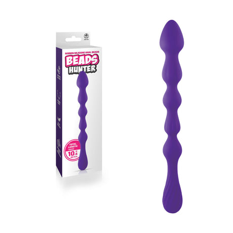 The Beads Hunter - Purple features ribbed silicone anal beads with five rounded sections, each progressively larger for heightened anal sensation. Displayed in a box on the left, it comes with additional details and graphics against a white backdrop. Total length: 26.7 cm.