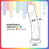 The Jellido 18cm Dildo, set against a vibrant drip-patterned backdrop, showcases its flexible material and 7-inch insertable length. Its allure is enhanced by realistic veins and colorful highlights on its tip (1.5 inches) and base (2.3 inches) diameters.