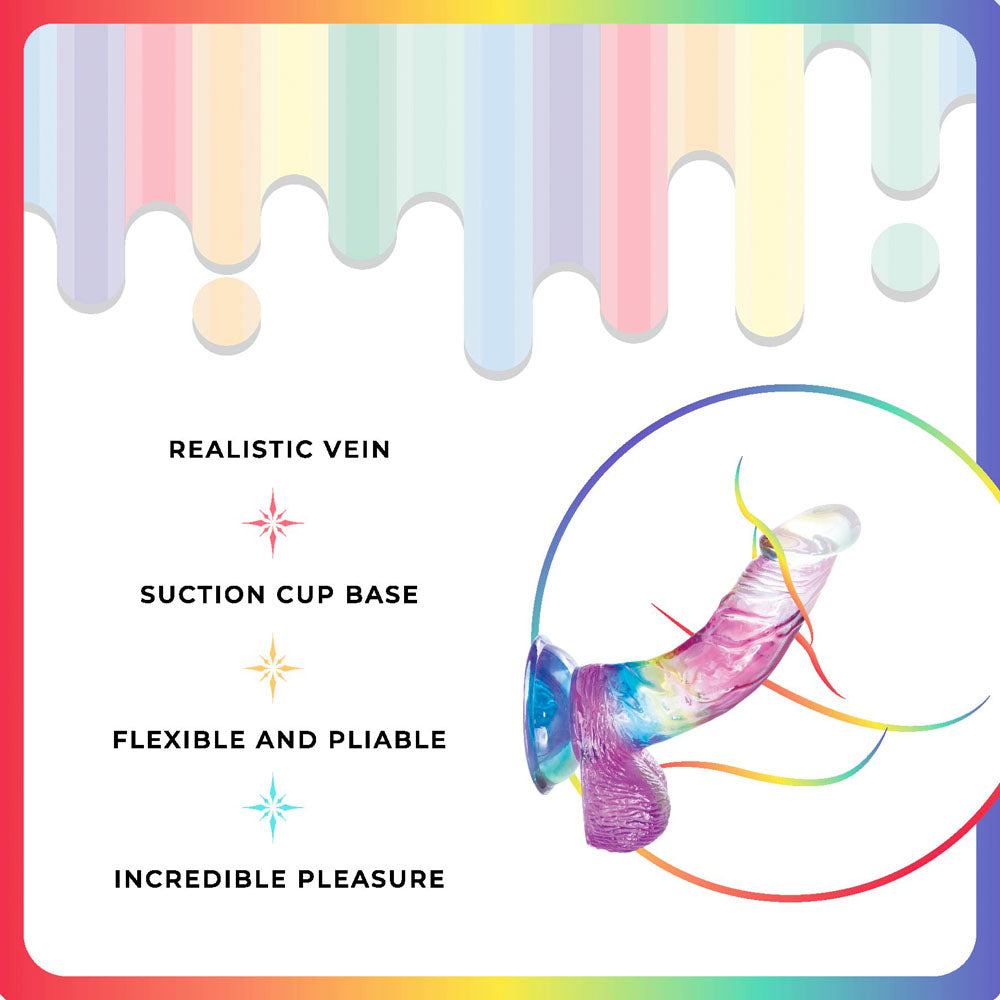 The Jellido 14cm Curved Dildo features a phallic shape with a strong suction cup base and realistic veins. Its flexible design provides incredible pleasure, enhanced by a vibrant rainbow gradient.