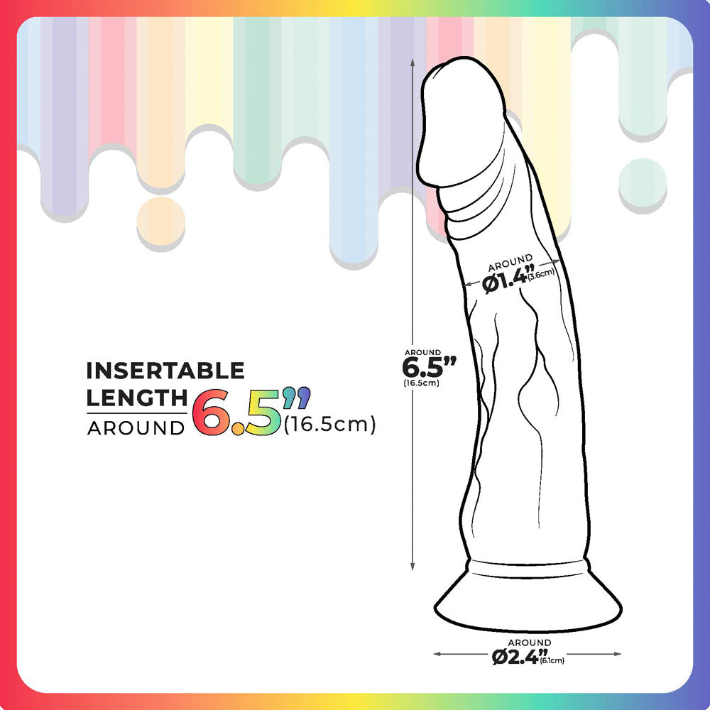 The Jellido 16.5cm Dildo illustration shows realistic veins with an insertable length of 6.5 (16.5 cm). Dimensions are Around 6.5 (16.5 cm) at the base, Around 7.5 (19 cm) mid-shaft, and Around 8.5 (21.5 cm) at the top in a clear color design.