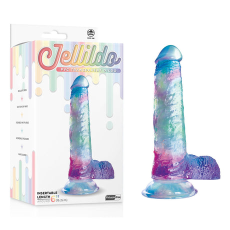 The Jellido 15.2cm Dildo boasts a colorful swirl of blue, pink, and purple hues in a flexible transparent design with a strong suction cup base and textured surface. Packaged vibrantly under the Jelliede brand, it is phthalate-free with an insertable length of 15.2 cm.