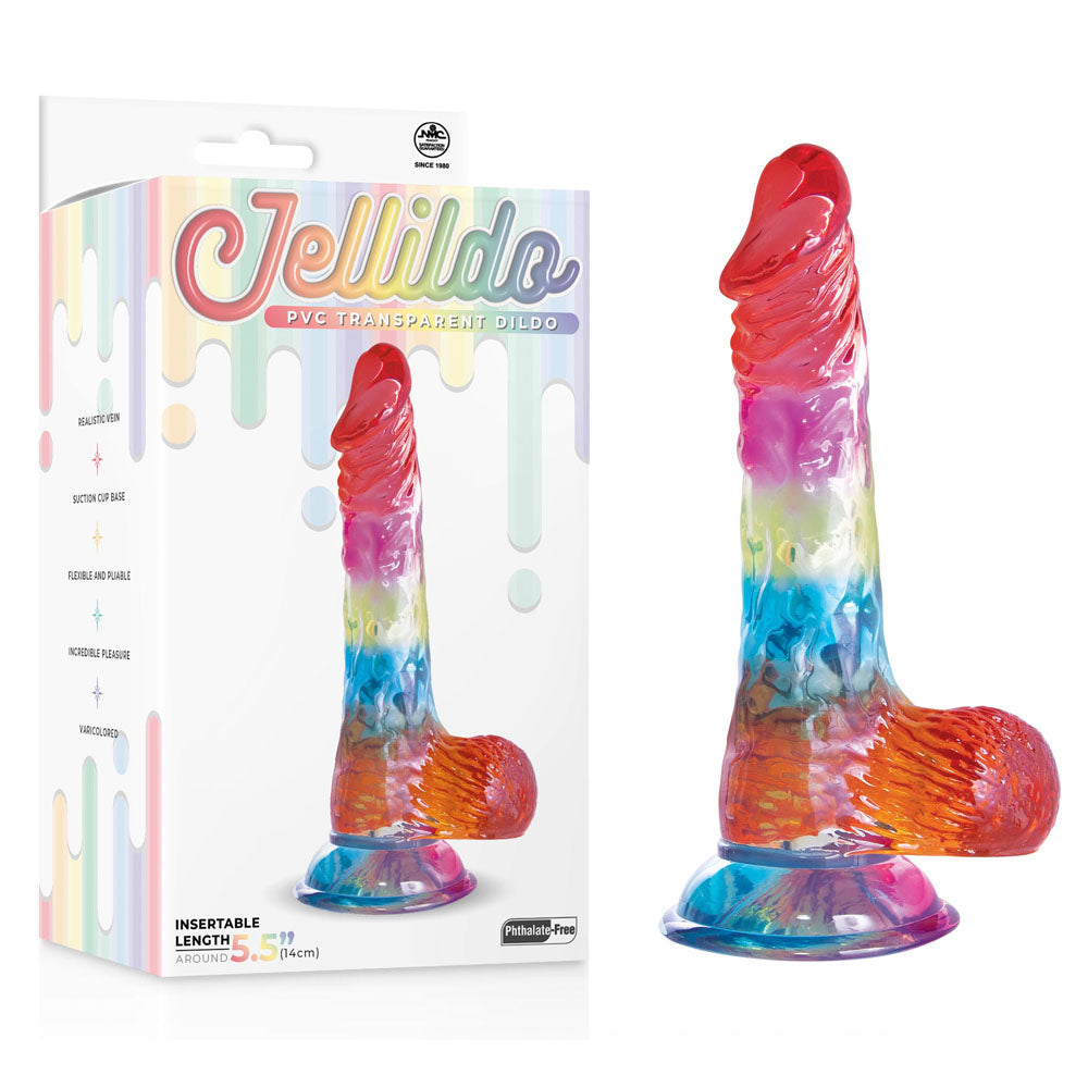 A box with a transparent dildo, labeled Jellido 14cm Dildo, showcases this realistic pleasure device’s rainbow design, detailed texture, and strong suction cup. The packaging features a matching rainbow drip design and highlights the flexible, phthalate-free PVC material with a length of 14 cm (5.5 inches).