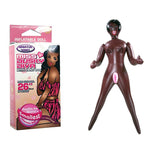 The box displays: Mini Inflatable Love Doll, Miss Dusky Diva. It features an illustration of a dark-skinned woman in a pink animal print dress and boasts being Possibly the Worlds Smallest Inflatable Doll at 66 cm, making it one of this seasons popular choices.