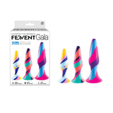 The image features the Fervent Gala Anal Training Kit with three multicolored, swirl-patterned silicone butt plugs in small, medium, and large sizes. The packaging emphasizes Perfect for Beginners.