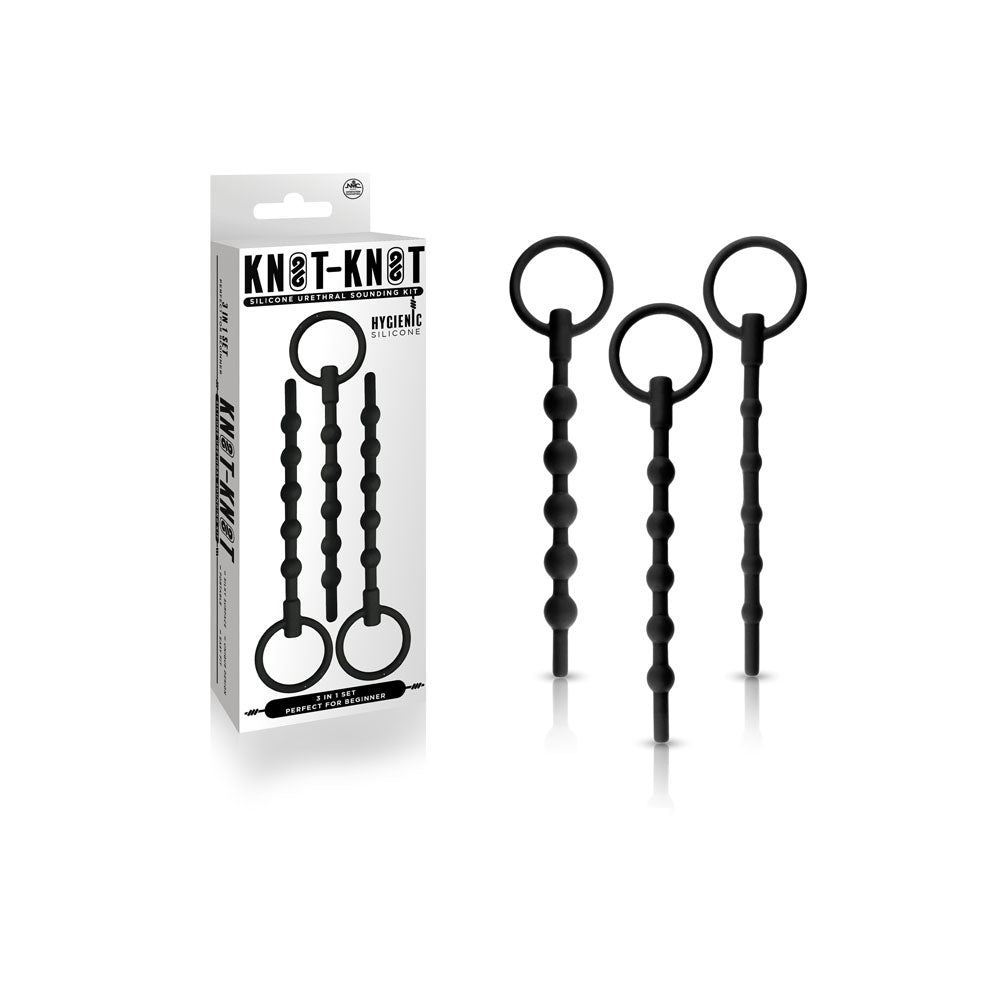 The image displays three black silicone bead sticks with circular handles, ideal for beginners, arranged vertically. Each stick features evenly spaced spherical beads. On the left, a branded box labeled Knot Knot - Black Urethral Sounding Kit - 3 Piece Set showcases a front view image of the bead sticks and product details.