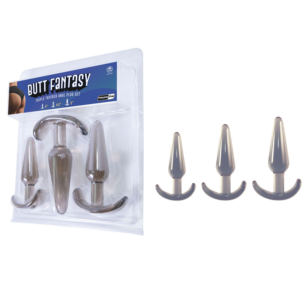 The Butt Fantasy Triple Tapered Anal Plug Set in black offers three sleek plugs, each with a flared base, perfect for beginners. This clear package displays the size progression from smallest to largest, ensuring a comfortable and thrilling experience.