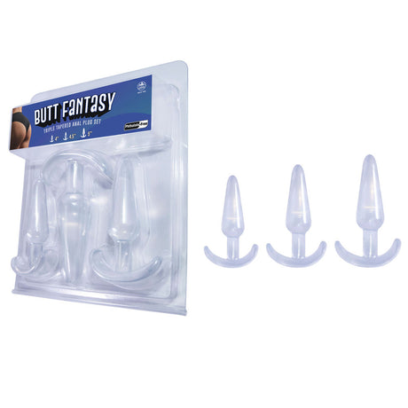 The Butt Fantasy Triple Tapered Anal Plug Set is ideal for beginners, featuring clear plugs in three sizes. Each plug has a flared base for safety and is presented beside its packaging with the blue Anal Plug Set label.