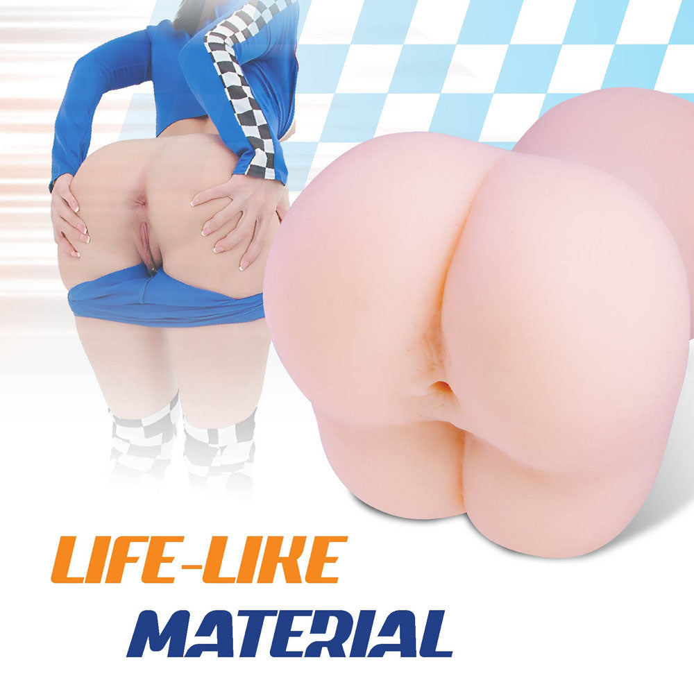 The image showcases the Bulky Sip - Flesh Mini Doggy-Style Stroker, a silicone mini masturbator resembling lower body anatomy. Nearby, someone in a blue and white checkered outfit stands as the blurred background mirrors these colors, complemented by orange and blue text highlighting its Natural Skin Feel.