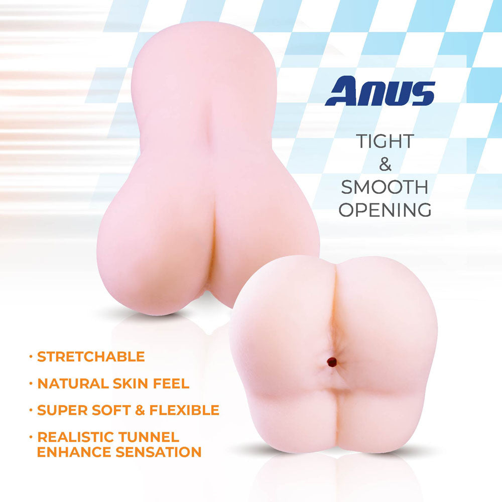 The image shows two pink silicone Bulky Sip - Flesh Mini Doggy-Style Strokers with life-like designs. The larger toys rounded back is visible, while the smaller one displays its tight, smooth front opening. Features highlighted: stretchable, natural skin feel, super soft and flexible, realistic tunnel.