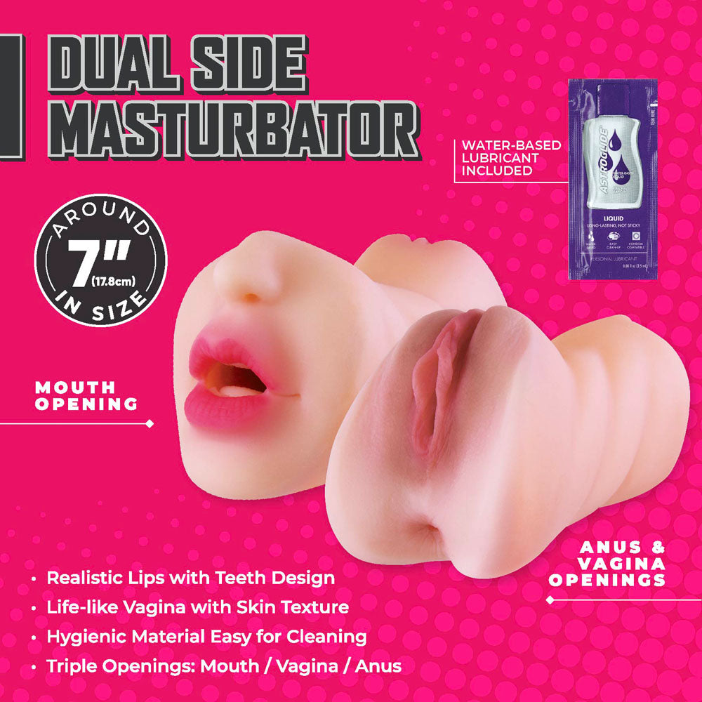 The Moist & Surge - Flesh Double Ended Stroker features mouth and vagina openings with lifelike lips and teeth at one end, and anus and vagina access at the other. It includes a water-based lubricant sachet and is noted for its realistic texture, easy-to-clean pink design with triple openings.