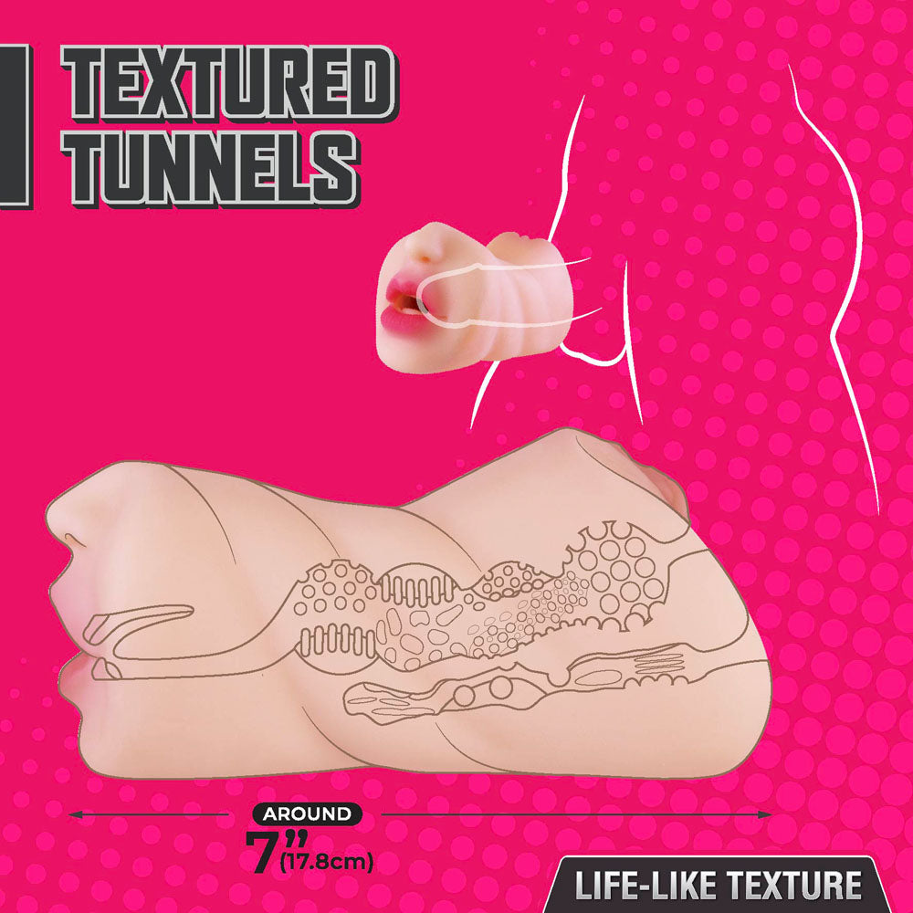 Cross-sectional diagram of the Moist & Surge - Flesh Double Ended Stroker reveals textured tunnels. Features lips image, TEXTURED TUNNELS, Around 7” (17.8cm), and REALISTIC TEXTURE. Easy to clean with a pink dotted background.