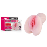 The image shows the Moist & Surge II - Flesh Dual Layer Vagina Stroker, featuring a skin-toned vulva-shaped sleeve with realistic textures. The pink and white packaging highlights features like 6+ and emphasizes its tight textured tunnels and varied openings for enhanced pleasure.