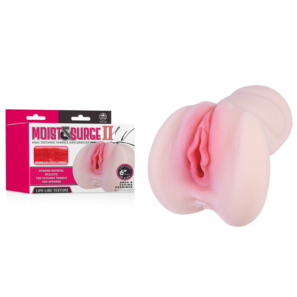 The flesh-toned Moist & Surge II - Flesh Dual Layer Vagina Stroker features a dual texture and tight tunnel for adult use, with a smooth exterior and realistic texture. Its presented with packaging adorned in red and white this_box is for high quality it safely protected.