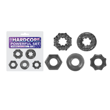 The Hardcore Powerful Set Cock Rings packaging includes five smoke-colored cock rings made from phthalate-free TPE for various occasions, displayed both inside and outside the package in two rows with unique designs and sizes.