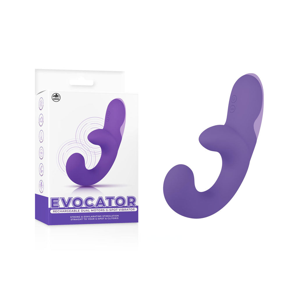 A purple, C-shaped vibrator shown next to its packaging is the Evocator - Purple USB Rechargeable Dual Motor G-Spot Vibrator, designed for G-spot and clitoris stimulation. It features dual motors, curved ends, side control buttons, with a white box and purple accents displaying its name.