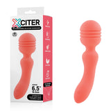 The image shows an orange Xciter silicone massage wand, USB rechargeable, next to its packaging. The massager has a curved handle and textured head with various vibrations. The box highlights the brand Xciter and product features. Background is white; dimensions are 16.5 cm (6.5 inches).