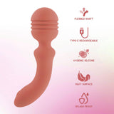 The Xciter massage wand in orange features a smooth, curved silicone design with flexible shaft, USB-C rechargeability, hygienic materials, vibrating rhythms, silkiness, and splash-proof capability against a pink-to-white gradient background.