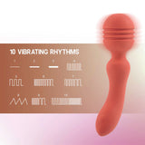 The Xciter Orange USB-C Rechargeable Massage Wand features an ergonomic handle with a ribbed round head. It showcases diagrams of 10 labeled vibrating rhythms using line and peak patterns, with a power button at the base.