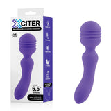 The image shows a purple USB-C rechargeable silicone massager, the Xciter, beside its packaging. It features a curved handle, rounded head with vibrating rhythms, flexibility, water resistance, quiet operation, and a soft texture as highlighted on the box.