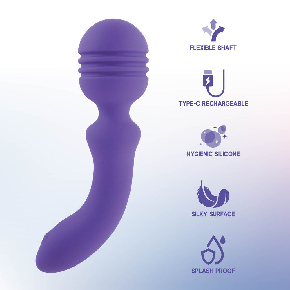 The Xciter - Purple 16.5 cm USB Rechargeable Massage Wand features a curved purple silicone design with a textured top, flexible shaft, silky surface, and splash proof build. Enjoy its soothing vibrations against a gradient white-to-blue background.