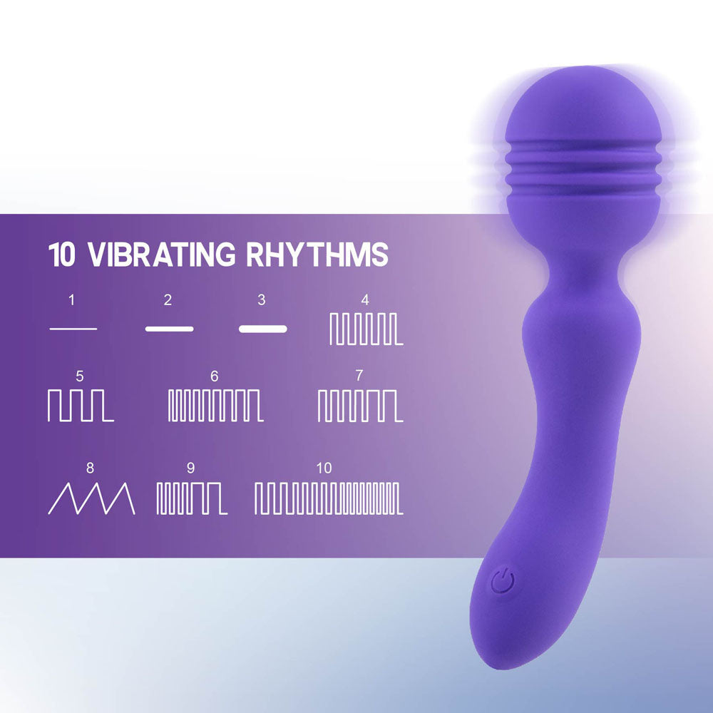 The Xciter Purple 16.5 cm USB Rechargeable Massage Wand, made of silicone, features a ribbed top and curved handle on a backdrop transitioning from light blue to white. Graphics display its 10 vibrating rhythm patterns with distinct line styles labeled from 1 to 10.