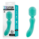 Image of the Xciter Teal 16.5 cm USB Rechargeable Massage Wand with its packaging, labeled XCITER Rechargeable Silicone Massager. This teal massager has a bulbous head, curved handle with a button for flexible vibrations, is crafted from body-safe silicone, and is rechargeable and splashproof.