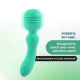 Image of the Xciter USB Rechargeable Massage Wand in teal, crafted from body-safe silicone, with a rounded top and curved handle. It features ribbed details near the head and a power button on the handle. Text: Vibrating rhythms and Designed to reach your most sensitive spots.