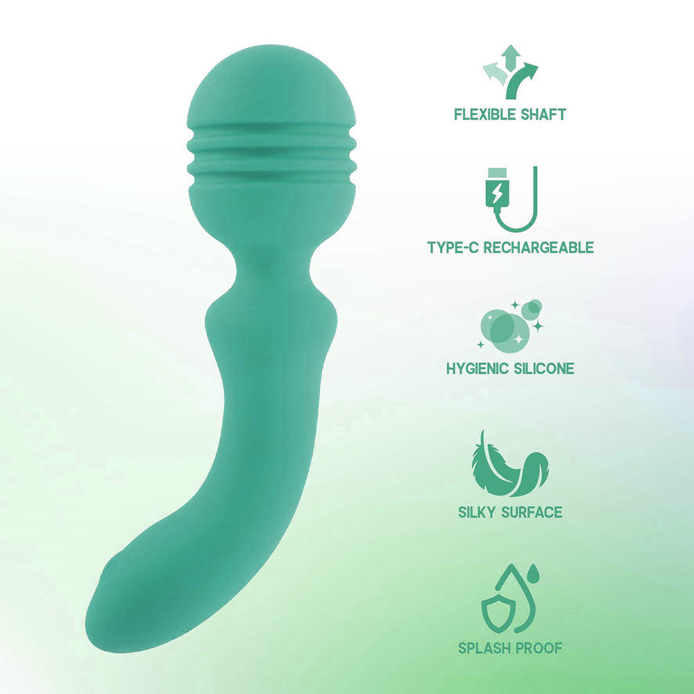 Discover the Xciter in teal—ergonomically designed with body-safe silicone, a flexible shaft, and a rounded head for sensational vibrations. Rechargeable via USB-C with a silky, splash-proof surface, its beautifully showcased on a light green background featuring its key attributes.