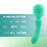 The Xciter Teal 16.5 cm USB Rechargeable Massage Wand features a curved handle, smooth rounded head, and a single base power button. Made from body-safe silicone, it offers 10 vibrating rhythms illustrated with line graphs and emits a soft glow.