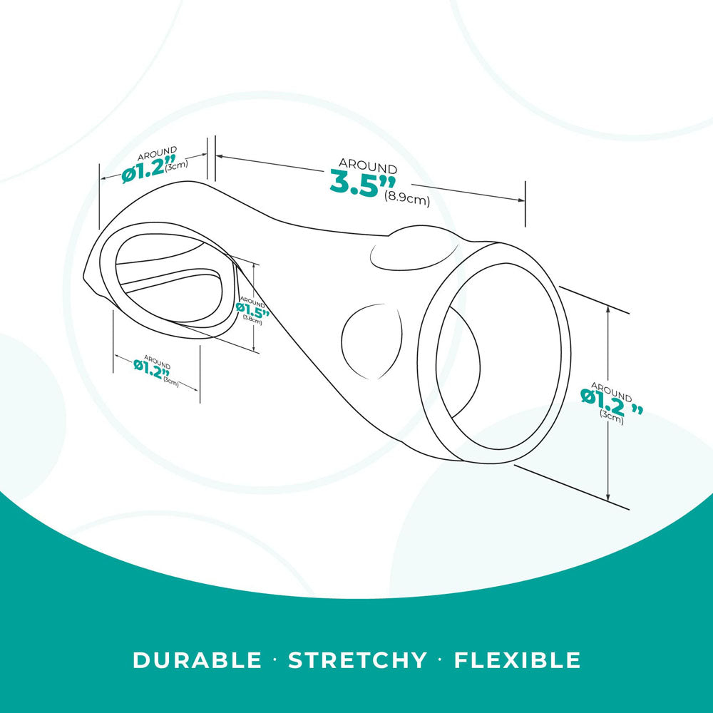 Illustration of the Strap The Balls - Black Cock Strap with Ball Stretcher, a ring-shaped premium silicone accessory. Main ring measures 3.5 inches in circumference, each side ring 1.2 inches. Features the words Durable • Stretchy • Flexible on a teal background with a minimal white overlay design.