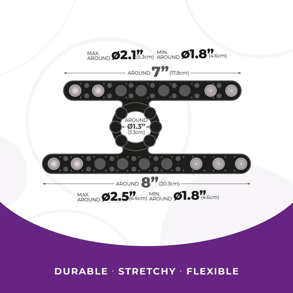 Illustration of the black premium silicone Strap The Balls - Black Adjustable Cock & Ball Rings with dimensions: Upper band: 2.1 max width, 1.8 min width, 7 length; Ring: 1.3 diameter; Lower band: 2.5 max width, 1.8 min width, 8 length. Purple text reads Durable • Stretchy •.