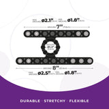 Illustration of the black premium silicone Strap The Balls - Black Adjustable Cock & Ball Rings with dimensions: Upper band: 2.1 max width, 1.8 min width, 7 length; Ring: 1.3 diameter; Lower band: 2.5 max width, 1.8 min width, 8 length. Purple text reads Durable • Stretchy •.