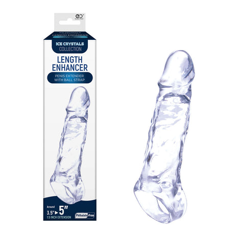 Explore the Ice Crystals 1.5 Inch Length Enhancer, a phallic-shaped sleeve with a ball strap for comfort. This transparent, phthalate-free extension offers 3.5” to 5” in length with contoured details and textured surfaces for enhanced stimulation.