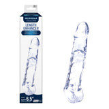 The clear, veined silicone Ice Crystals 3 Inch Length Enhancer features a phallic shape with a ball strap. It comes in packaging highlighting a 3.5-inch girth and 1-inch Precision Extension, offering a phthalate-free Custom Fit for your needs.