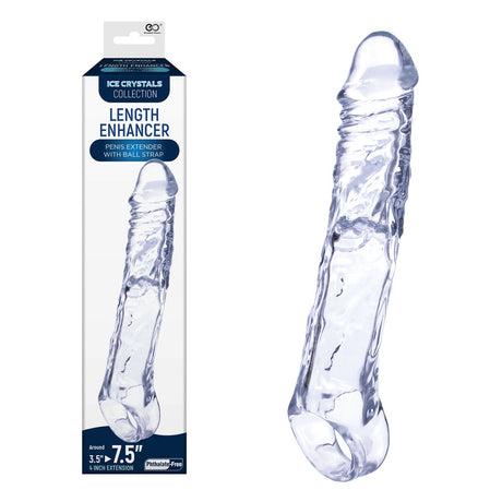 The Ice Crystals 4 Inch Length Enhancer, a clear penis extension sleeve with a realistic texture and bulbous tip, includes an attached ball strap. The packaging promotes the Ice Crystals Collection, stating its precision length boost of 3.5 to 7.5 inches and that its phthalate-free.